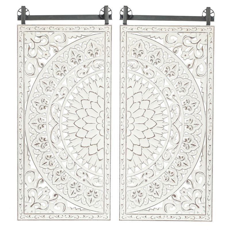 Distressed Ivory White Wood Floral Wall Art Set with Iron Bar