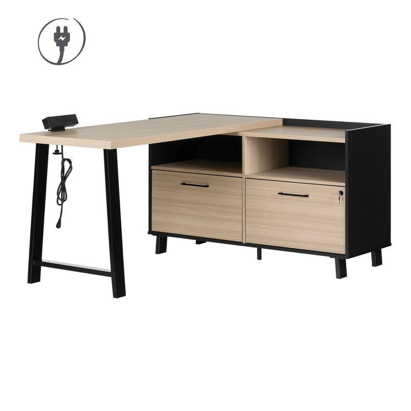 Soft Elm and Matte Black L-Shaped Computer Desk with Power Outlet