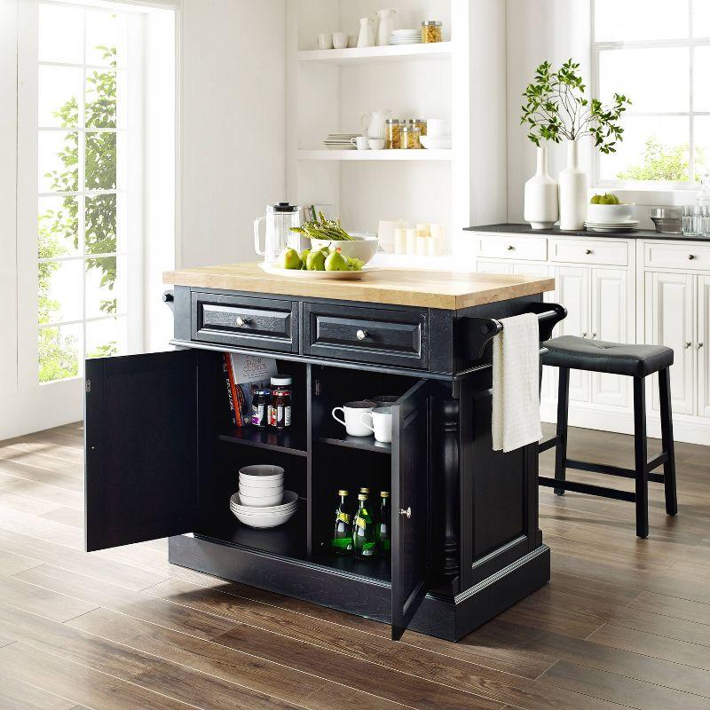 Oxford Kitchen Island with 2 Upholstered Saddle Stools Black - Crosley: Pass-Through Storage, Towel Bars, Wood Veneer