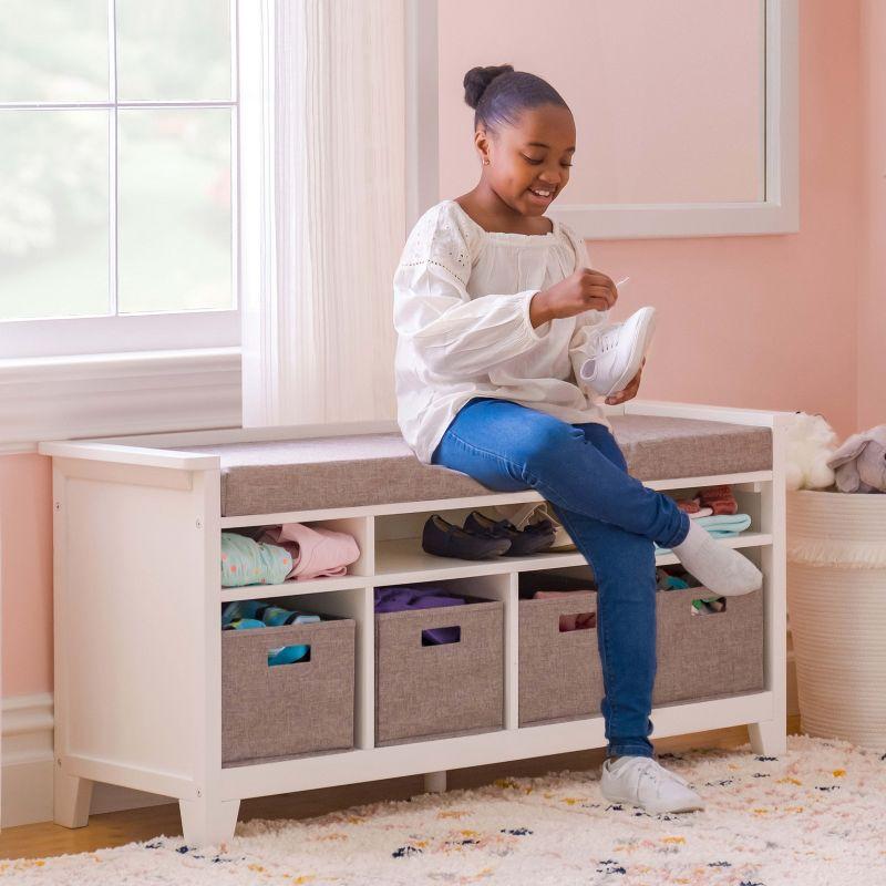 Creamy White Kids' Multi-Use Storage Bench with Cushion & Bins