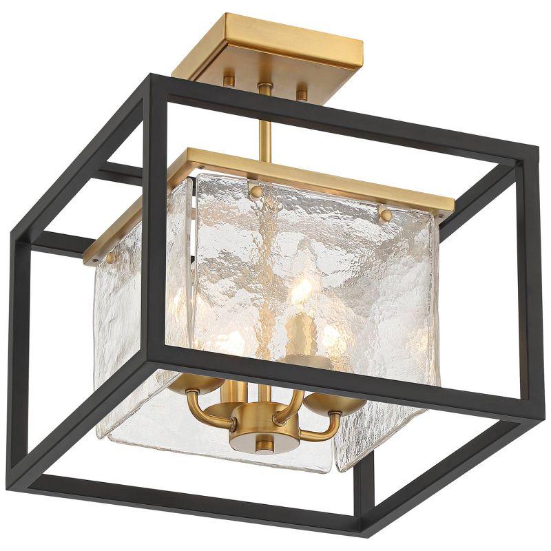 Possini Euro Design Liston Modern Ceiling Light Semi Flush Mount Fixture 14" Wide Black Brass 4-Light Ice Glass Panels for Bedroom Kitchen Living Room