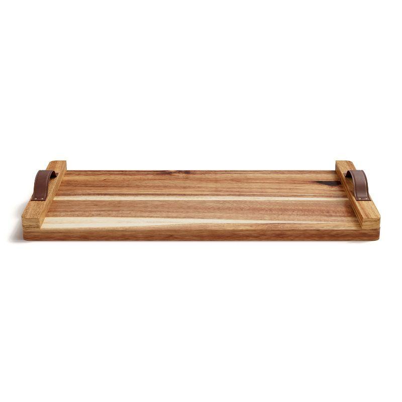 American Atelier Acacia Wood Rectangular Tray with Leather Handles, Serving Platters, Wooden Board for Cheese, Meats, Snack or Charcuterie, 18” x 9”