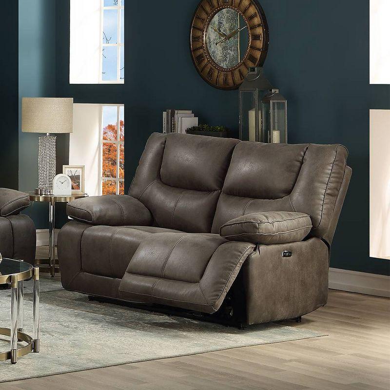 Gray Leather Tufted Power Motion Loveseat with Pillow-Top Arms