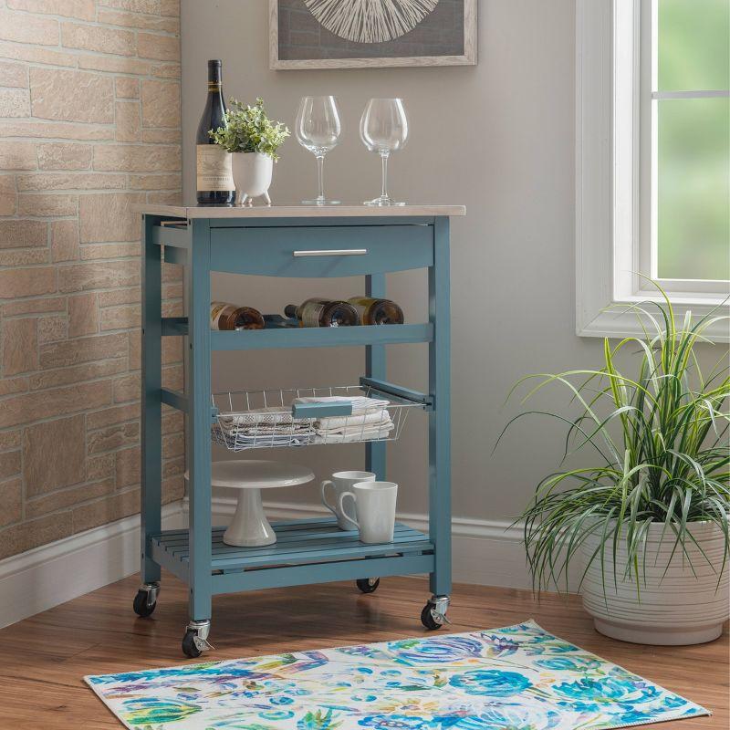 Clarke Stainless Steel Kitchen Cart with Wine Rack in Blue