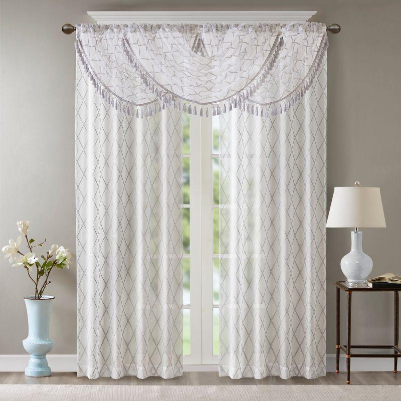 Sill Length White/Grey Embroidered Sheer Waterfall Valance