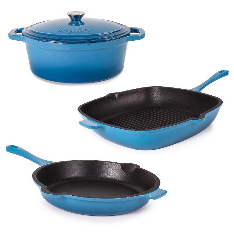 BergHOFF Neo Cast Iron 4Pc Set, Fry Pan 10", Square Grill Pan 11", & 5qt. Covered Dutch Oven, Blue