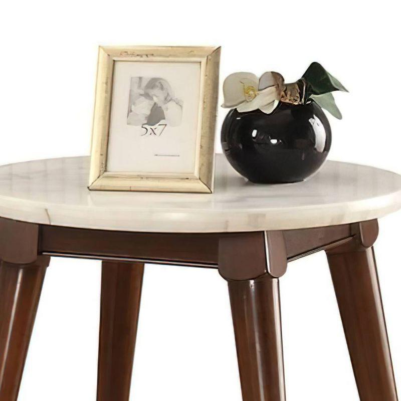 24'' Round White Marble and Walnut Wood End Table