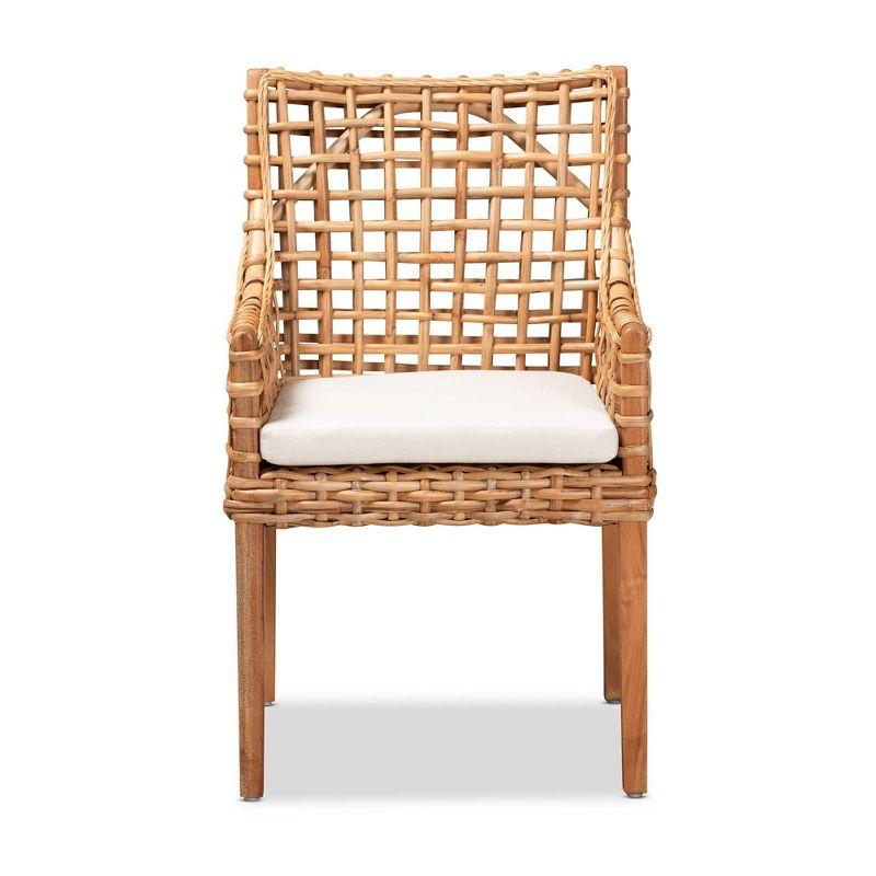 bali & pari Saoka Wood and Rattan Armchair Natural Brown/White: Polyester Upholstered, No Assembly Required