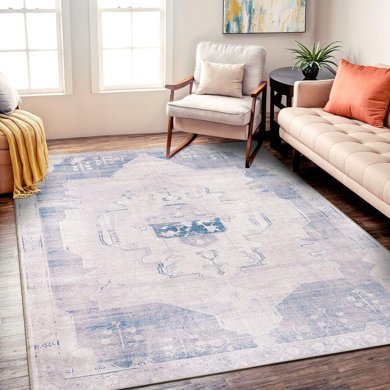 Blue and Cream Vintage Medallion Washable Area Rug