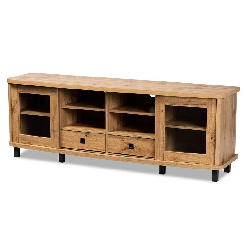 Oak Brown Wood TV Stand with Glass Doors and Drawers