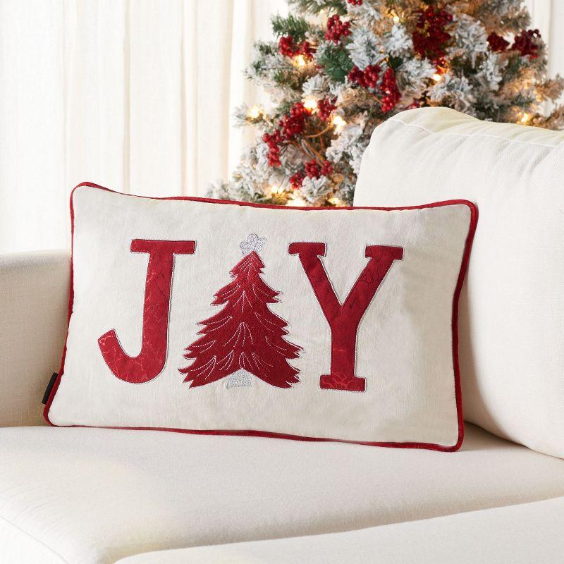 Cream and Red Embroidered Cotton Rectangular Throw Pillow