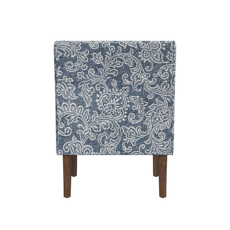 Blue Denim Jacobean Print Swoop Arm Accent Chair with Wood Legs