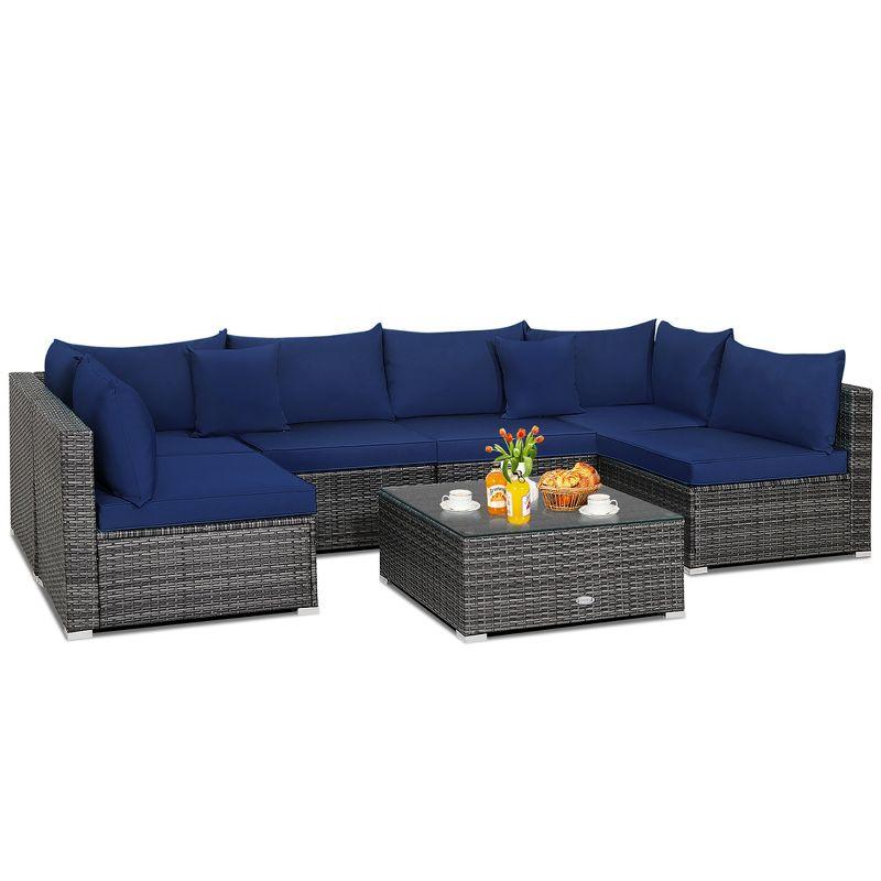Costway 7PCS Patio Rattan Furniture Set Sectional Sofa Cushioned Garden Navy