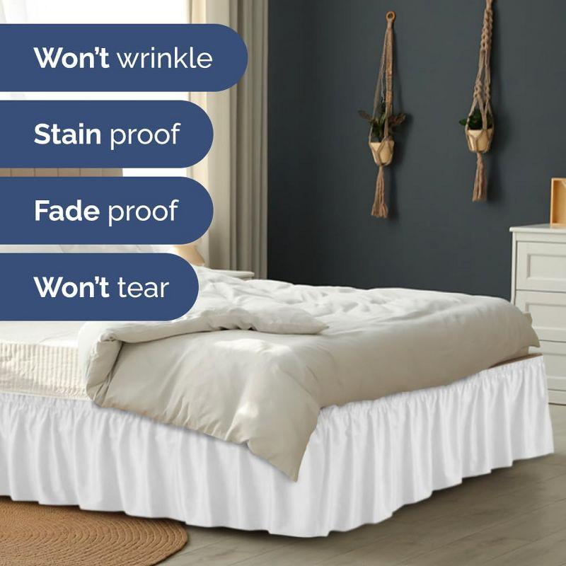 CGK Linens Elastic Wrap-Around Dust Ruffled Bed Skirt - Easy Fit with Pleated 12" Drop in White, Size Queen