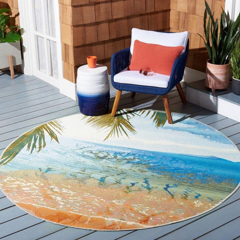 Barbados Blue and Gold Round Synthetic Outdoor Rug