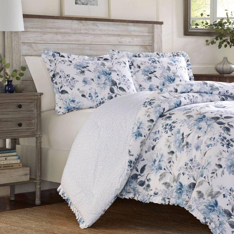 White and Blue Floral Cotton Full Comforter Set with Ruffles