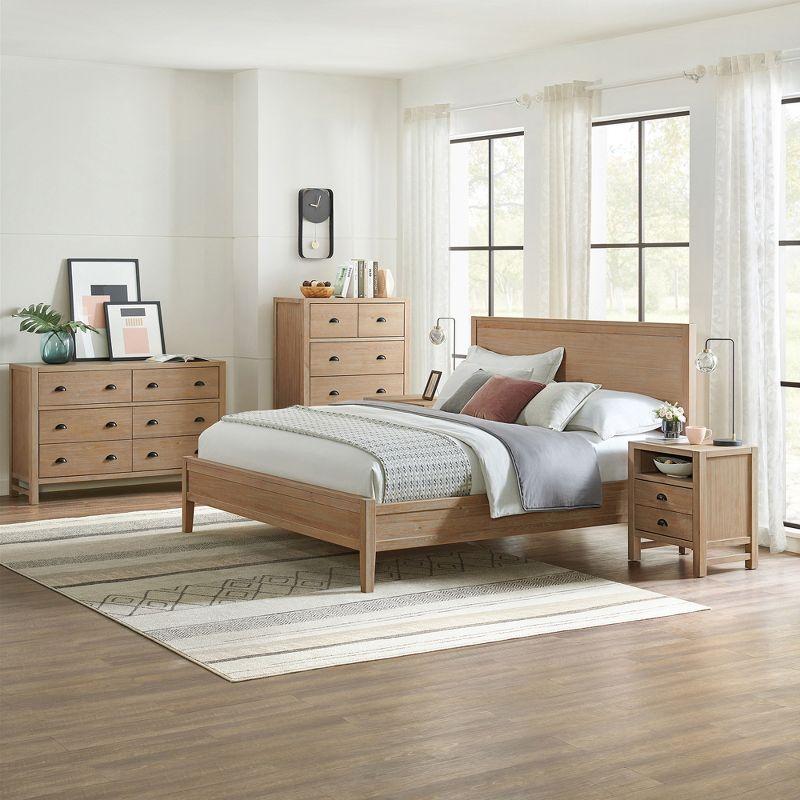 Arden 5-Piece Bedroom Set - Queen Bed, Two 2-Drawer Nightstands, 5-Drawer Chest, 6-Drawer Double Dresser, Solid Pine Wood, Light Driftwood Finish, Modern Rustic Style