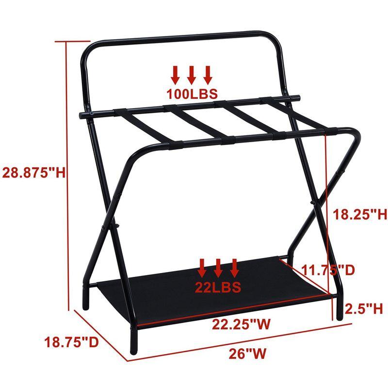 InRoom Designs Folding Luggage Rack - Suitcase Stand With Storage Shelf - Folding Luggage Rack for Guest Room and Bedroom - Sturdy Portable and Stylish Metal Suitcase Stand