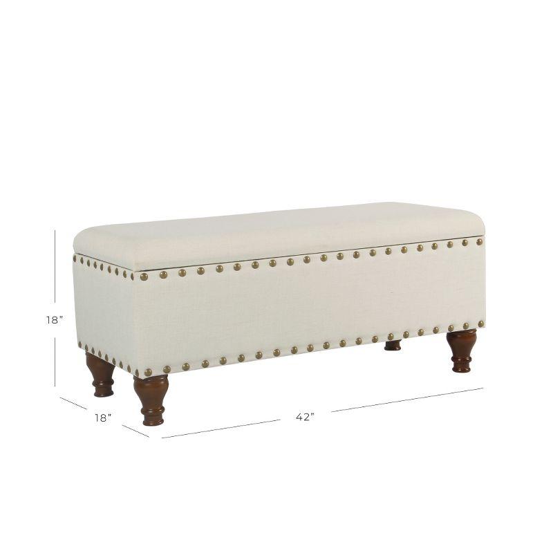 Walnut Finish Cream Linen-Like Large Storage Bench with Nailhead Trim