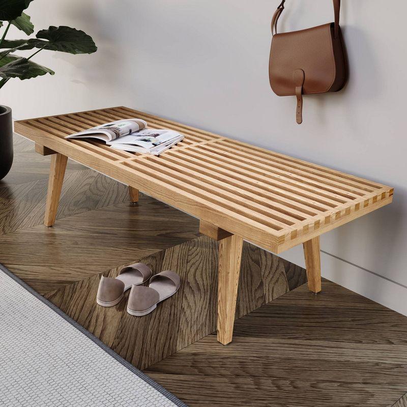 LeisureMod 48” Slatted Wood Bench with Durable Wooden Frame and Legs – Mid-Century Modern Style