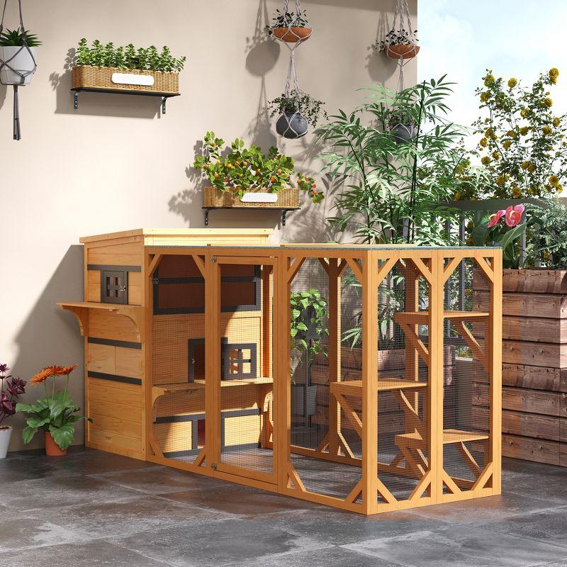 PawHut 3-Story Cat House Feral Cat Shelter, Outdoor Kitten Condo with Raised Floor, Asphalt Roof, Escape Doors, Jumping Platforms, Yellow