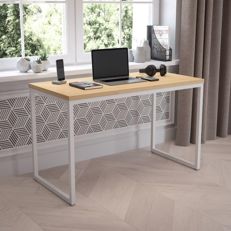 Maple and White Adjustable Height Desk with Keyboard Tray