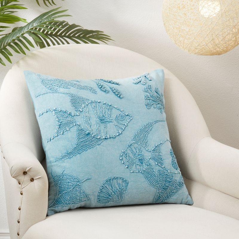 Blue Cotton Embroidered Nautical Fish Throw Pillow, 20"x20"