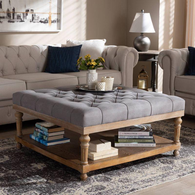 Gray Linen Tufted Cocktail Ottoman with Storage Shelf