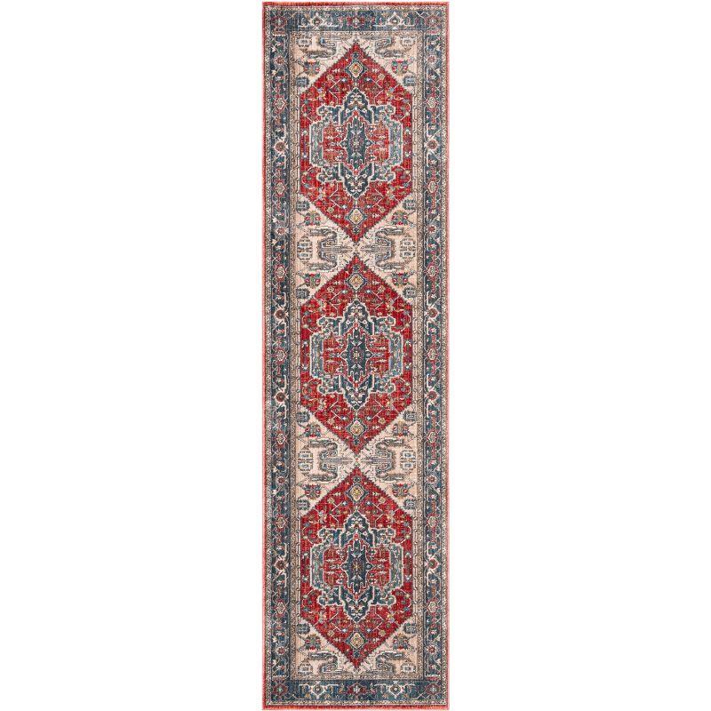 Red and Blue Floral Motif Low Pile Runner Rug