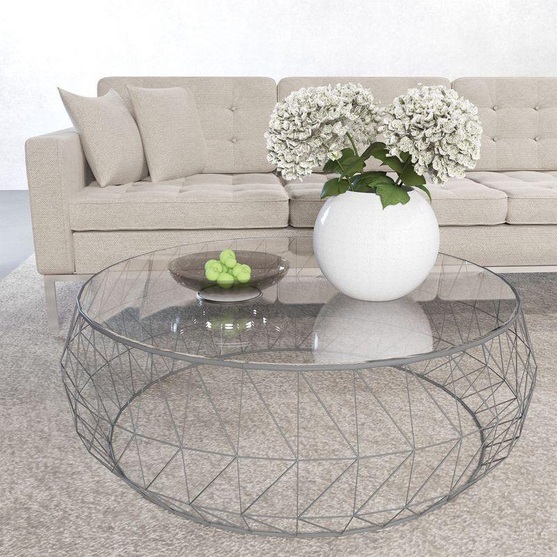 LeisureMod Malibu Modern Round Glass Top Coffee Table With Metal Base