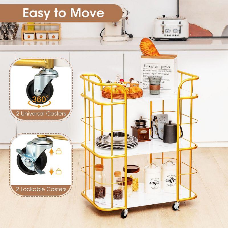 Tangkula 3 Rolling Bar Cart Gold 3-Tier Kitchen Utility Cart Steel Frame w/ Marble-Finish Top & Convenient Handle Lockable Casters Metal Serving Cart