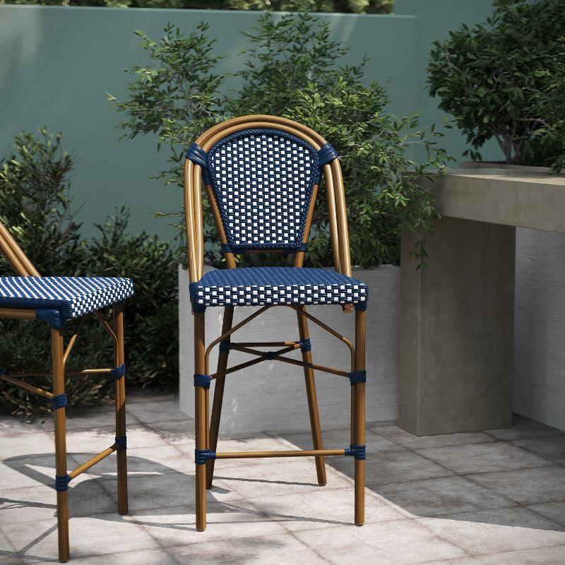 Emma & Oliver Soie Set of Two Stacking Bistro Chairs with Navy and White PE Seat and Back and Bamboo Finished Aluminum Frame for Indoor/Outdoor Use