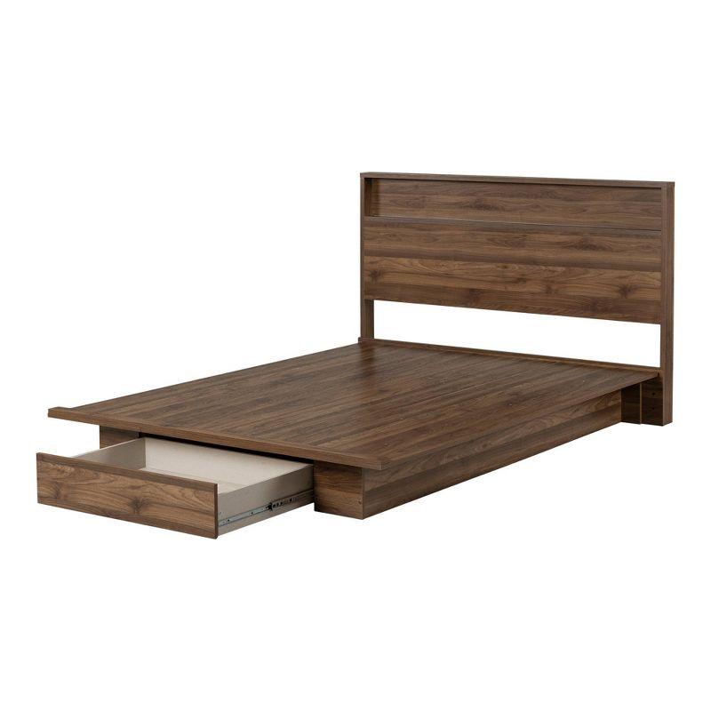 Natural Walnut Queen Platform Bed with Upholstered Headboard and Drawer