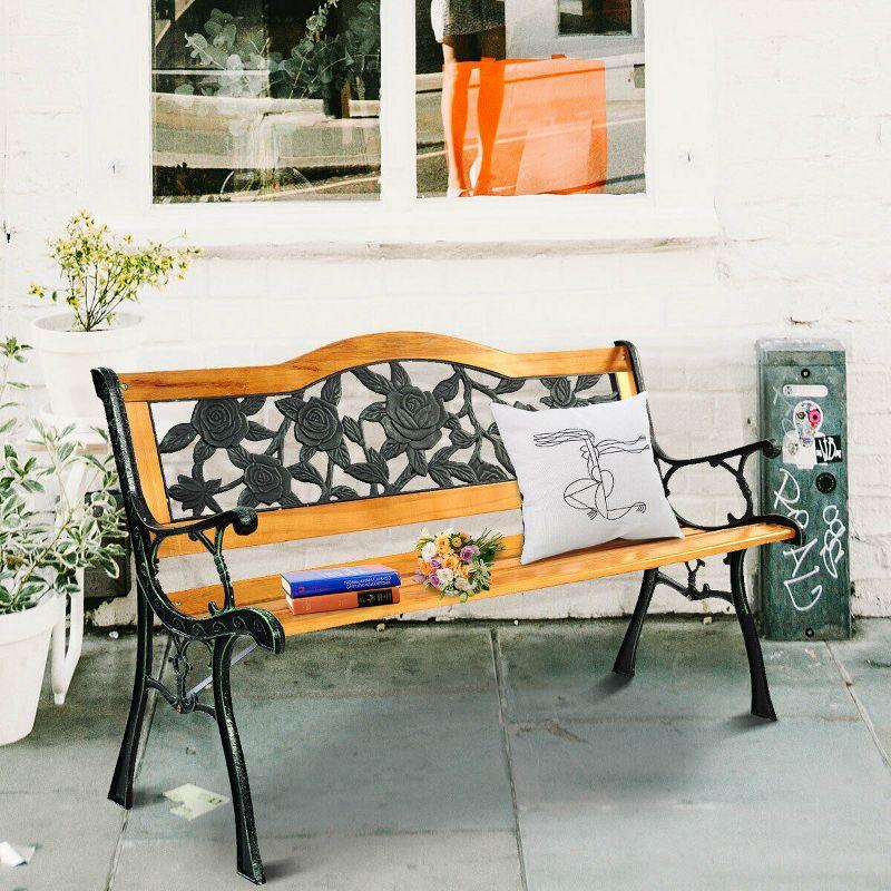 Patio Park Garden Metal Bench Porch Path Chair Furniture Cast Iron Hardwood