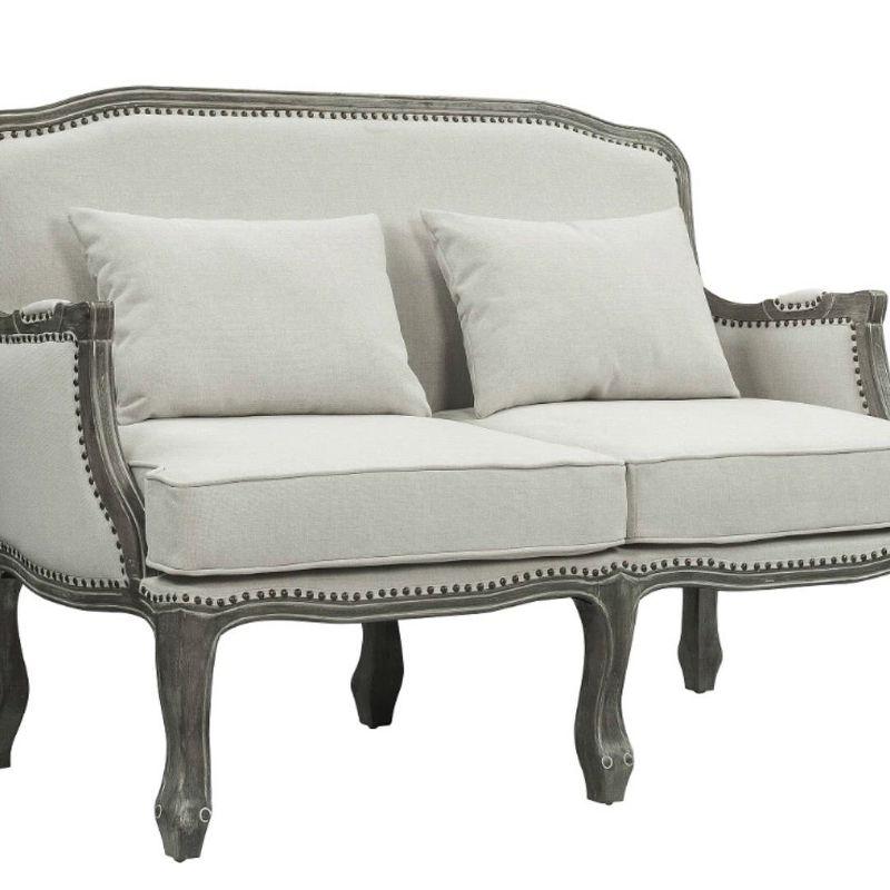 56" Cream Linen and Brown Wood Nailhead Loveseat