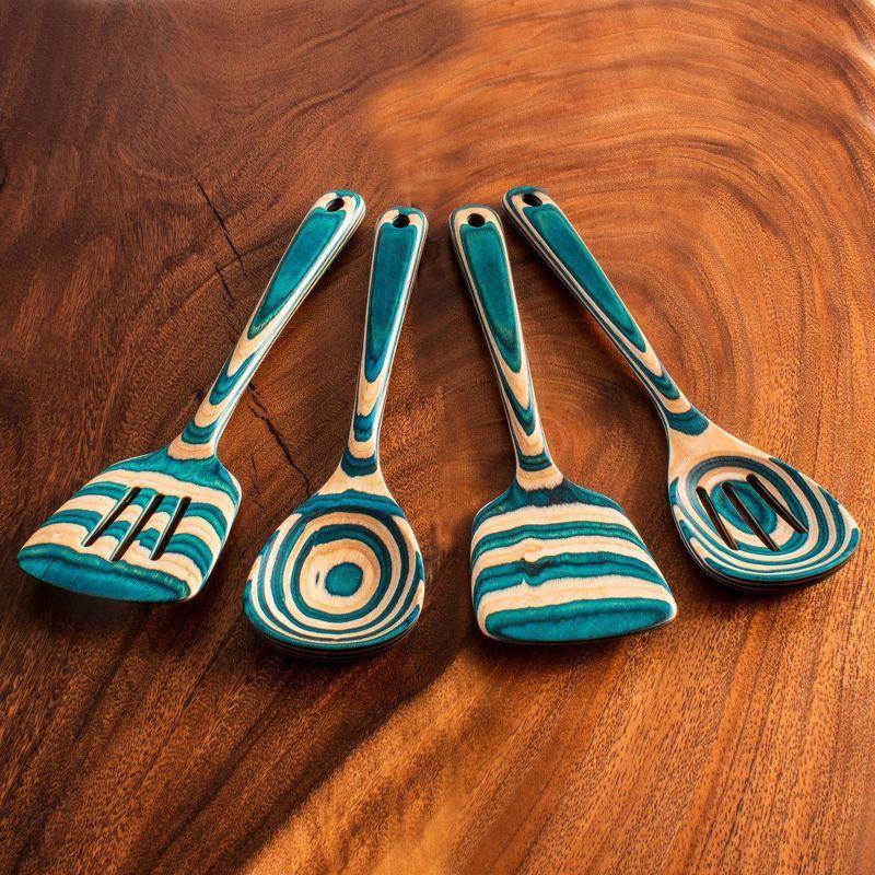 Baltique 4pc Mykonos Utensil Set: Wood Kitchen Tools, Hand Wash, Adult Cooking Utensils, Turquoise Blue