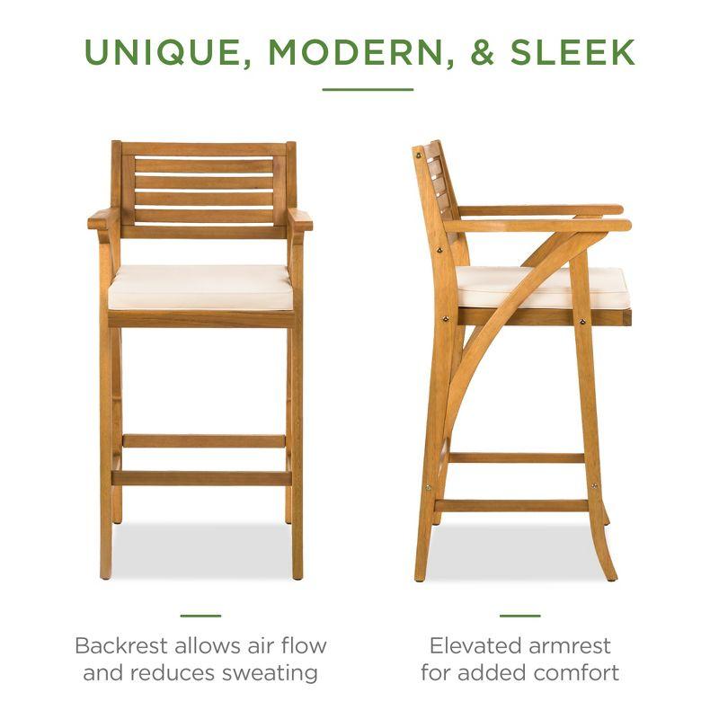 Best Choice Products Set of 2 Outdoor Acacia Wood Bar Stools Bar Chairs w/ Weather-Resistant Cushions - Teak Finish