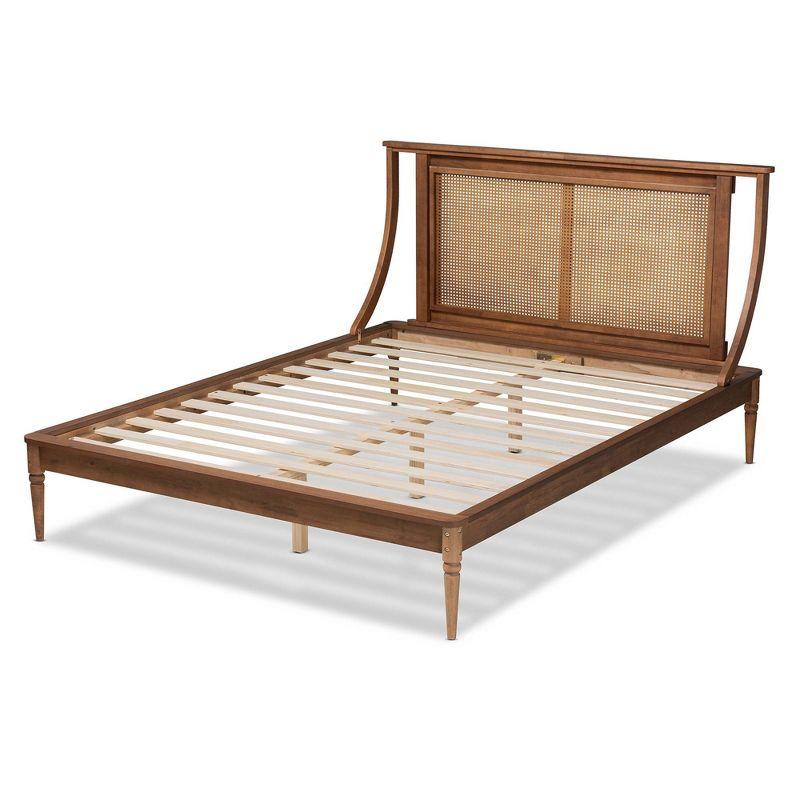 Walnut Brown Queen Wood and Rattan Platform Bed with Tufted Headboard