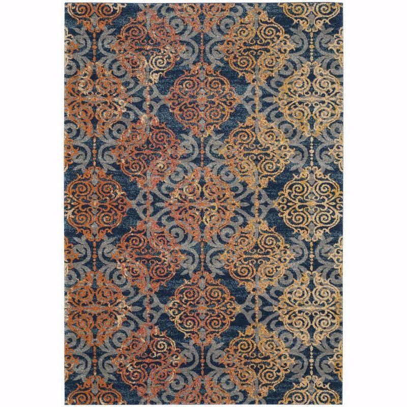 Blue and Orange High Pile Synthetic Area Rug