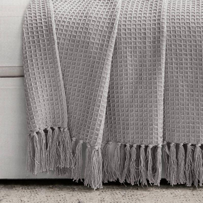 Light Gray Cotton Waffle Knit Throw Blanket with Tassels