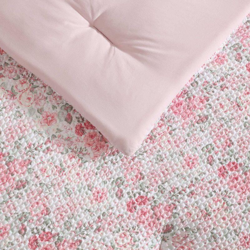 Laura Ashley 8pc Queen Quartet Microfiber Comforter Set Pink: Botanical Pattern, Polyester Fill, Machine Washable