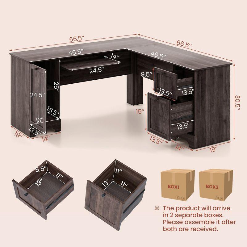 Costway 66.5'' L Shaped Home Office Desk Corner Computer Desk Keyboard Tray Dark Brown