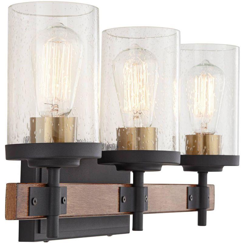 Possini Euro Design Kata Farmhouse Rustic Wall Light Black Faux Wood Hardwire 22" 3-Light Fixture Clear Seeded Cylinder Glass for Bedroom Bathroom