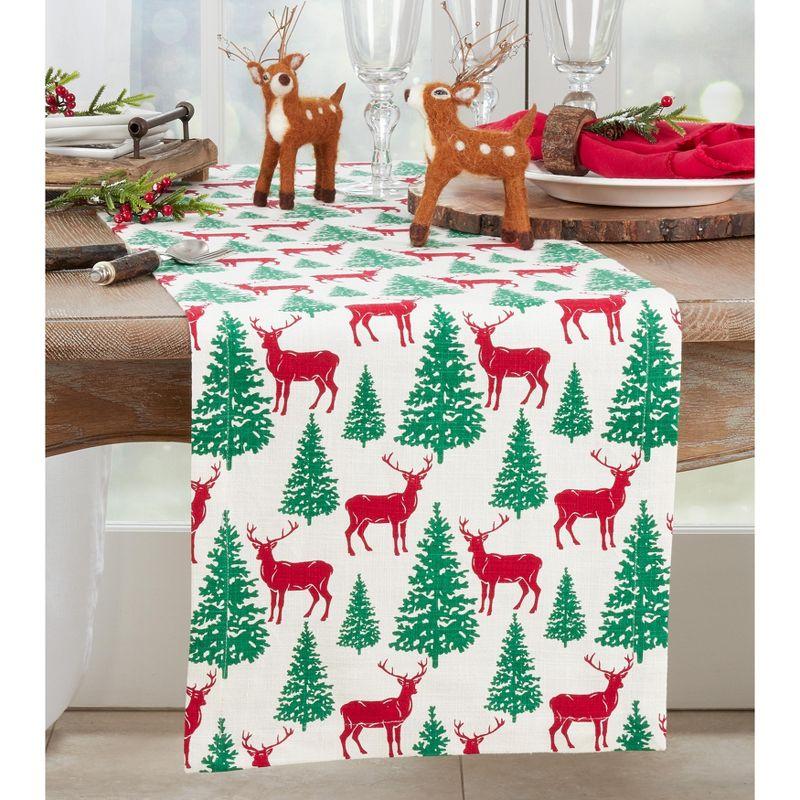 Holiday Deer and Christmas Trees Cotton Table Runner