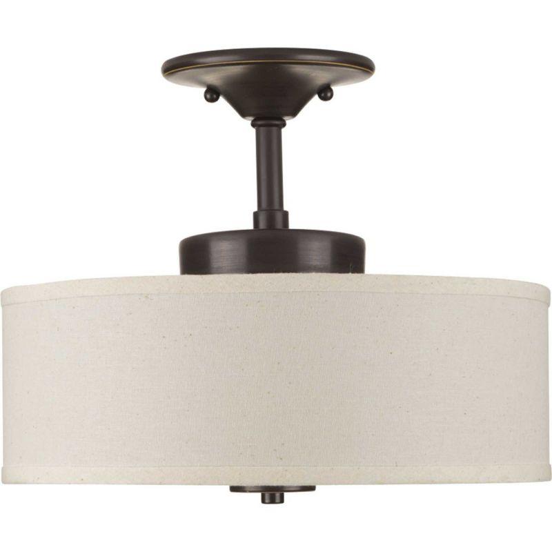 Progress Lighting Inspire 1-Light LED Semi-Flush Mount, Antique Bronze, Etched Glass Diffuser, Off-White Linen Shade