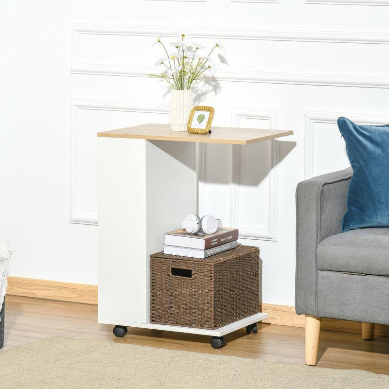 White Wood C-Shaped Mobile End Table with Storage