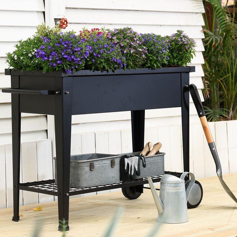 Black Metal Mobile Raised Garden Bed Planter with Wheels