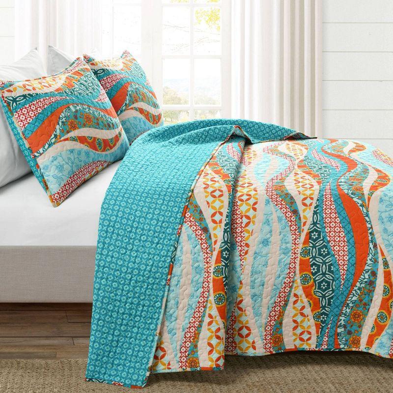 Turquoise and Orange Cotton Reversible Full Quilt Set