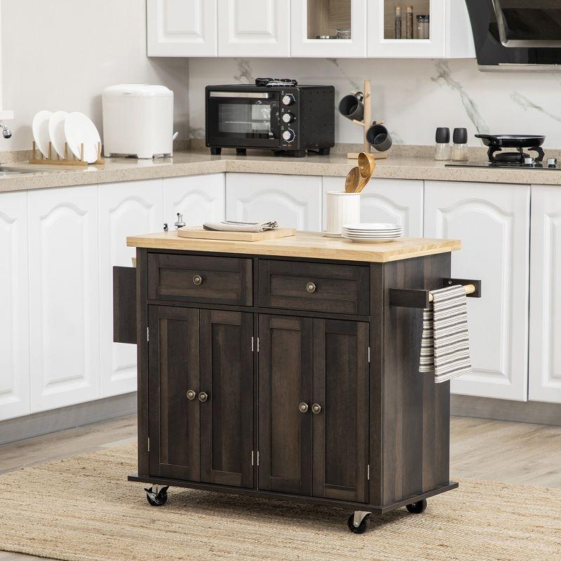 HOMCOM Kitchen Island on Wheels, Rolling Cart with Rubber Wood Top, Spice Rack, Towel Rack & Drawers for Dining Room, Brown Oak