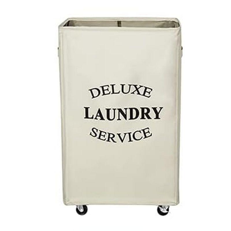 WOWLIVE 90L Foldable Rectangular Deluxe Laundry Service Rolling Clothing Hamper Basket with Lockable Wheels for Laundry or Storage, Beige